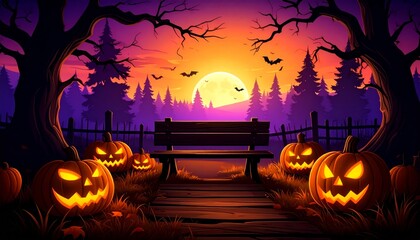 Spooky Halloween Night with Pumpkins, Bats and Dark Tree Shadows - Illustration