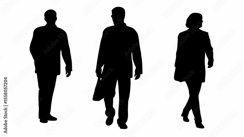 Poster silhouettes of three people walking in a row against a white background in a simple and modern style