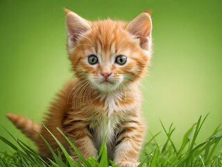 Obraz premium Cute orange kitten sitting on green grass with a soft green background. Adorable and curious expression, perfect for pet and nature themes.