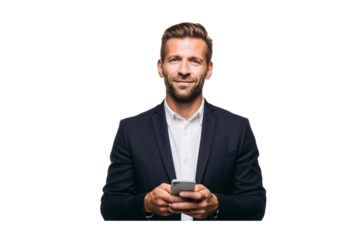 Confident businessman using smartphone, dressed in a dark navy blue blazer and crisp white shirt. He is smiling subtly isolated on transparent background