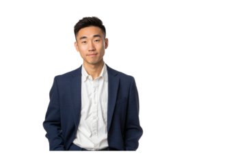 Portrait of a young Asian businessman wearing a navy blue blazer and white shirt, He has short dark hair and a pleasant expression. isolated on transparent background