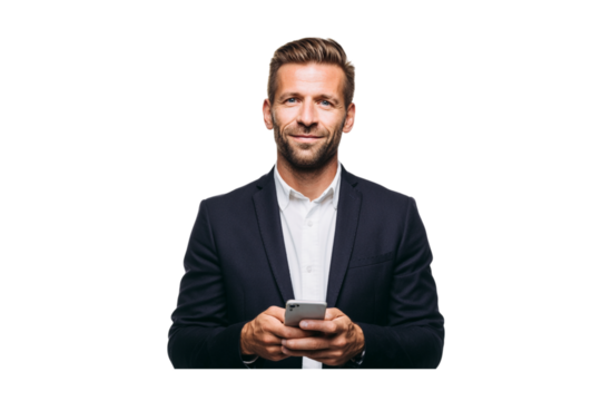 Confident businessman using smartphone, dressed in a dark navy blue blazer and crisp white shirt. He is smiling subtly isolated on transparent background