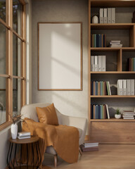 Armchair with a pillow and blanket beside wooden table and bookshelf with sunlight through window.