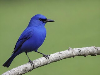 Obraz premium A vibrant indigo flycatcher, a small blue bird with dark eyes and beak, perched on a twig against a blurred green background, showcasing its striking plumage.