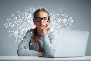 Bored Young Woman Overwhelmed by Digital Information Sitting at Laptop with Virtual Icons.