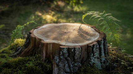Fototapeta premium Tree stump with moss and ferns in dappled sunlight in a forest setting