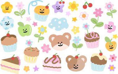 Pastel cute illustrations of teddy bear, flowers, cakes, cherry, apple for spring, summer, fruits, picnic, stickers, floral print, plush toy, cartoon, characters, animal, zoo, souvenir shop, blossom