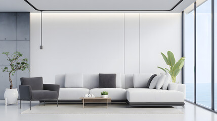 Minimalist living room with white walls and wooden floor, bathed in soft natural light. Serene simplicity in a spacious modern interior.