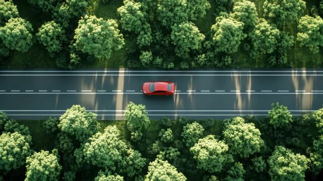 Red car aerial view driving on empty road through lush green forest, sunlight casting shadows, peaceful travel and transportation adventure, summer day, nature, green trees, serene journey