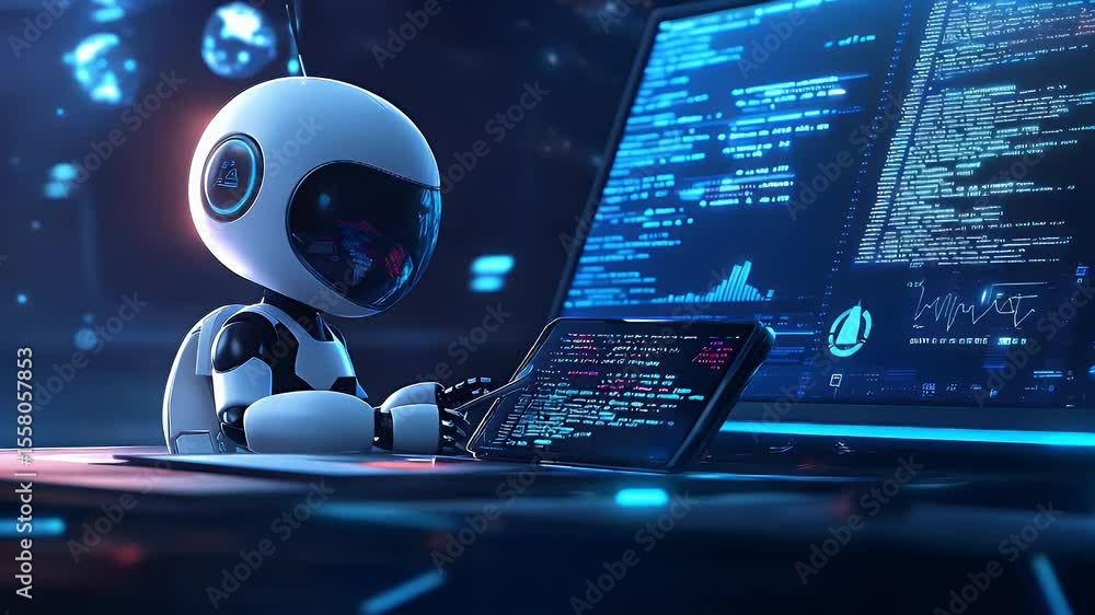 Aufkleber futuristic robot working on a digital tablet and computer