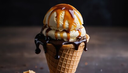 A waffle cone filled with scoops of pink and white ice cream topped with caramel and chocolate pieces