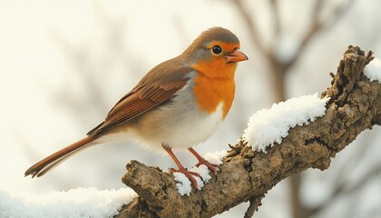 European Robin Perched on a Snow-Covered Branch