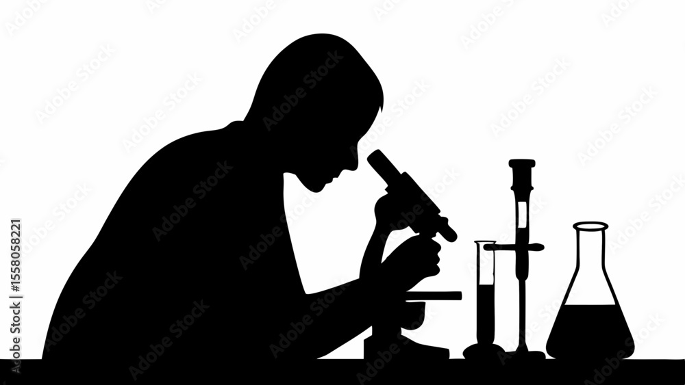 Poster silhouette of a person using a microscope with beakers and test tubes in a laboratory setting shown