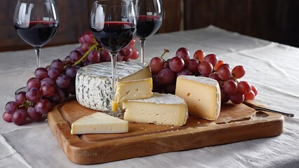 An elegant still life featuring a gourmet cheese board, ripe red grapes, and glasses of rich red wine, perfect for a sophisticated evening.