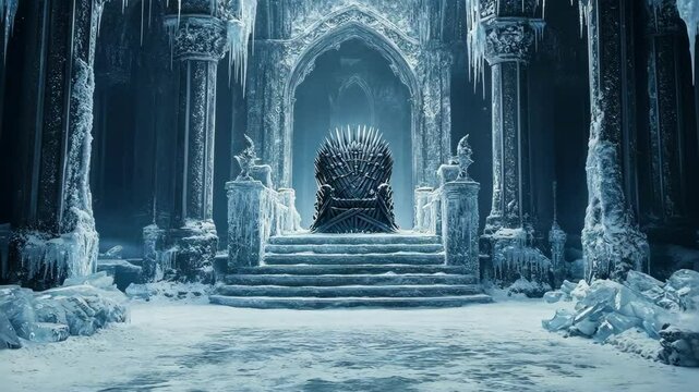 A majestic frozen throne in an eerie, ice-covered palace.