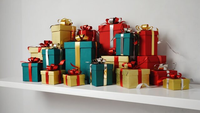 Festive array of colorful gift boxes with ribbons and bows on a shelf.