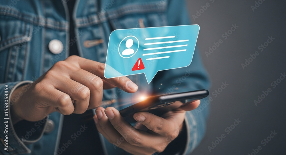 Poster Person holding a smartphone with a notification bubble showing a profile and an alert icon