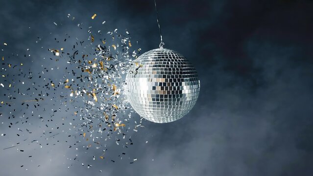 A captivating shot of a disco ball exploding with confetti against a smoky, dark background.