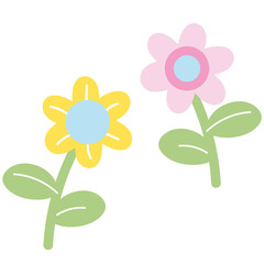 Illustration of flowers and green leaves for floral print, sticker, nature, garden, spring, summer, plants, blossom, blooming, cute patches, shirt print, plush toy, kid doll, cartoon, icon