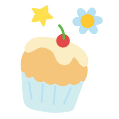 Illustration of cupcake, cherry, flower for sweet dessert, bakery, pastry, cake shop, menu, cafe, recipe, restaurant, baking book, department store, gourmet, sticker, decoration, icon, brooch, patch