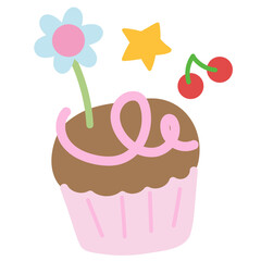 Illustration of cupcake, cherry, flower for sweet dessert, bakery, pastry, cake shop, menu, cafe, recipe, restaurant, baking book, department store, gourmet, sticker, decoration, icon, brooch, patch