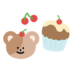 Illustration of teddy bear, cupcake, cherry for sweet dessert, cartoon character, comic, plush toy, kid doll, animal, sticker, zoo, souvenir shop, fabric print, decoration, icon, brooch, cute patch