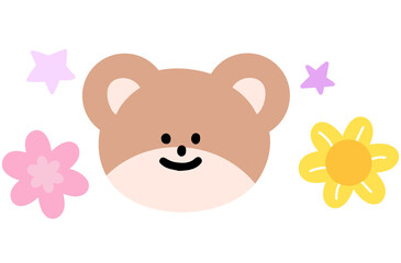Illustration of teddy bear, flowers, stars for cartoon character, comic, mascot, plush toy, kid doll, animal, sticker, zoo, souvenir shop, fabric print, decoration, icon, brooch, cute patch, floral
