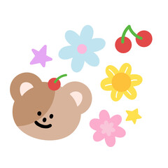 Illustration of teddy bear, flowers, star, cherry for cartoon character, comic, mascot, plush toy, kid doll, animal, sticker, zoo, souvenir shop, fabric print, decoration, icon, brooch, cute patch
