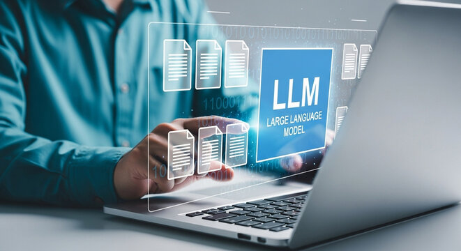 Man interacting with large language model interface on laptop screen with document icons visible