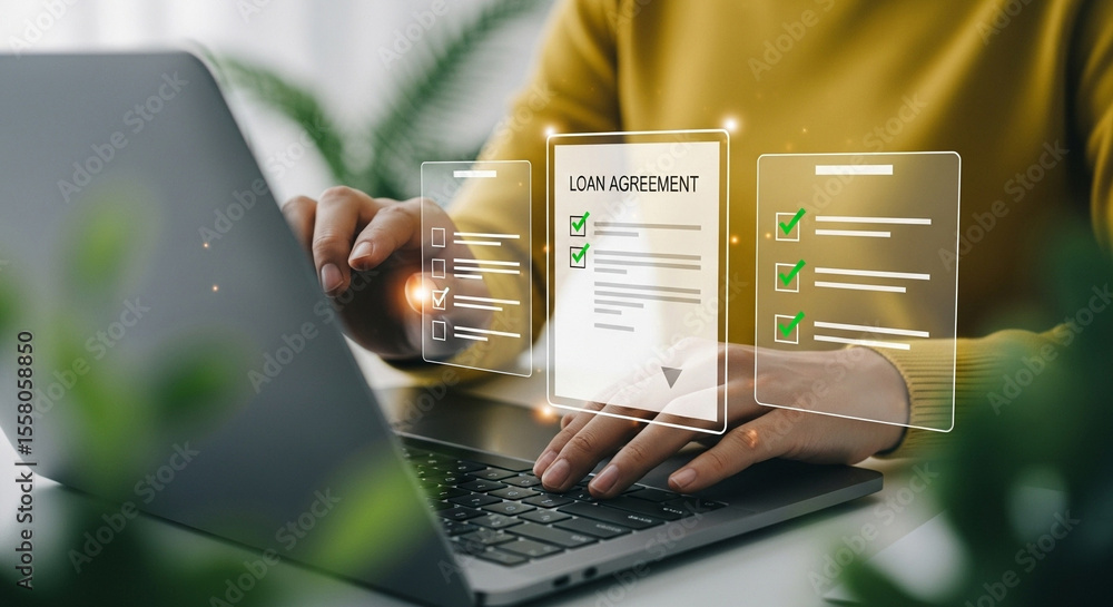 Poster Person using laptop with loan agreement and checklist interface overlayed on the screen display