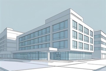 A simple drawing modern hospital located in a clean urban district, with straightforward building design.
