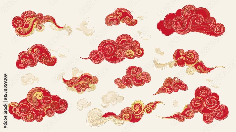 Poster decorative red and gold clouds in various shapes and patterns with artistic