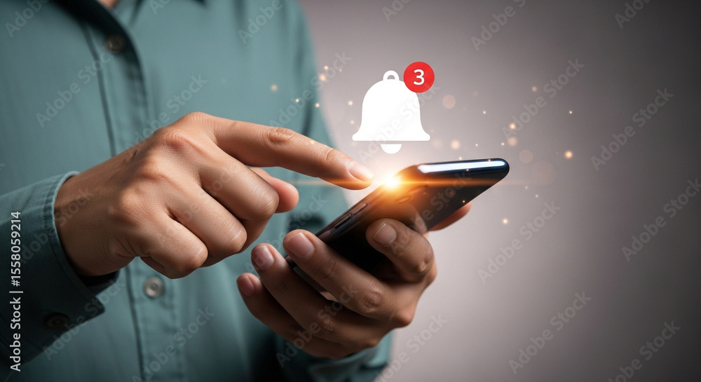 Poster person interacting with smartphone displaying notification bell and counter of unread messages