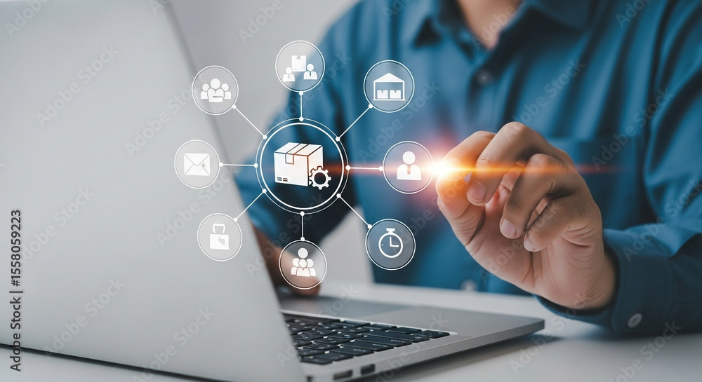 Poster Person using laptop with logistics network diagram overlayed on screen and pointing at it