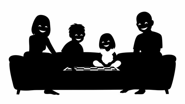 Silhouette of a family playing chess on a couch with smiles on their faces in a black and white image