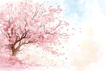 Beautiful Cherry Blossom Tree in Full Bloom with Gentle Pink Petals Falling Softly