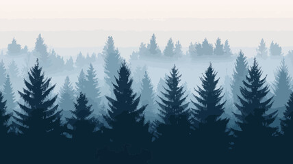 Misty Forest Landscape with Silhouetted Evergreens at Dawn in Serene Atmosphere