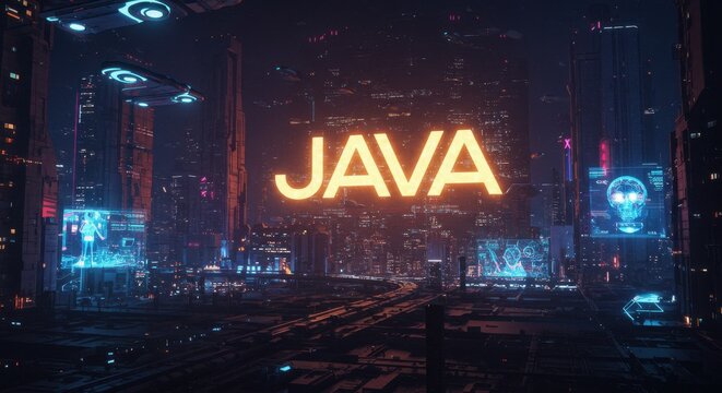Futuristic City Night Scene with Glowing 'Java' Text and Holographic AI Displays