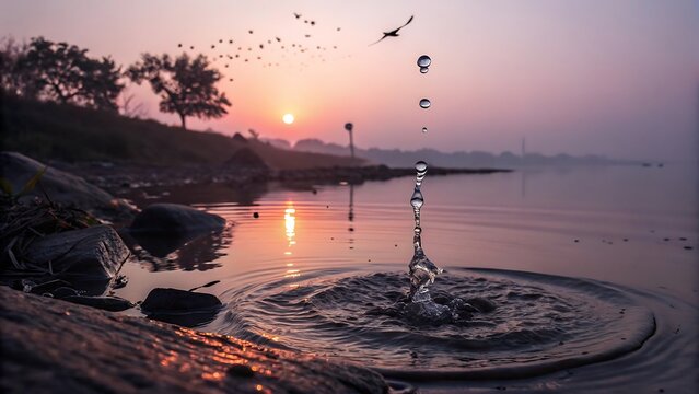 Water droplet splashing into calm lake at sunrise with birds flying