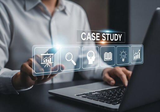 Case study education concept. Person use laptop with case study icon on virtual screen for analysis of the situation to find a solution.