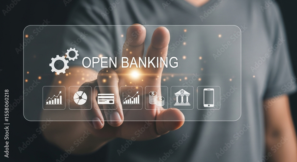 Poster Person interacting with open banking interface on a transparent screen display panel concept