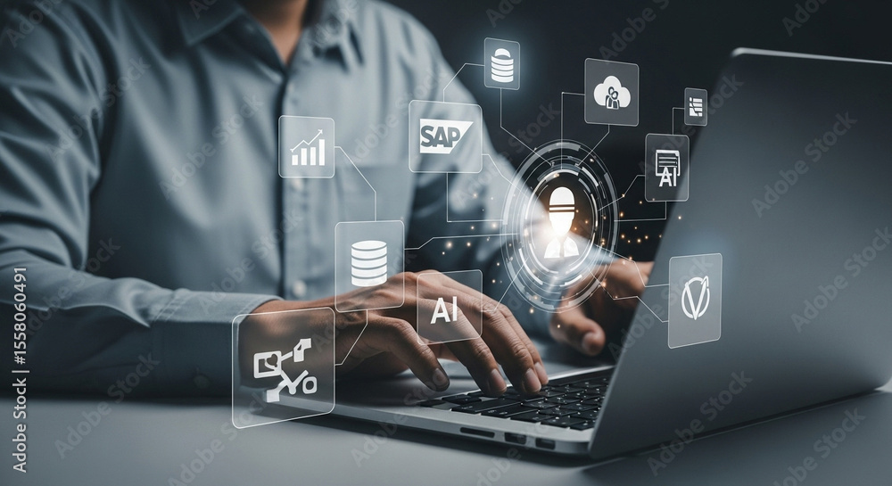 Poster Man typing on laptop with digital icons overlaying the screen showcasing technology concepts