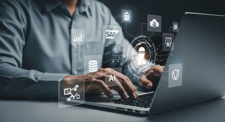 Man typing on laptop with digital icons overlaying the screen showcasing technology concepts