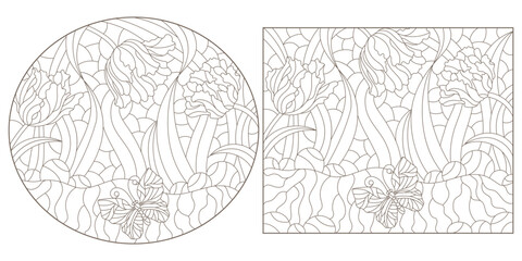 Set of contour illustrations in the style of stained glass with butterflies and tulips, dark outlines on a white background