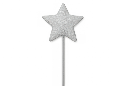 Silver glitter star shape on a stick with transparent background, perfect for christmas, party, or celebration designs
