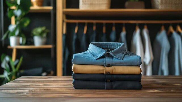 Folded shirt casual clothing denim cotton blue yellow wooden table modern wardrobe organized neat stylish home interior natural light fashion storage shelf plant minimalist clean stack apparel denim