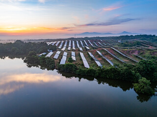 Photovoltaic panels on a hillside at sunrise