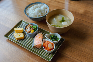 Traditional Japanese Breakfast with Grilled Salmon, Natto and Miso Soup / 焼き鮭・納豆・味噌汁の和朝食セット
