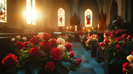 Romantic red rose bouquet and white rose with green leaf in sunlight, stained glass window, wooden pew, candle, church interior, wedding celebration, peaceful atmosphere, serene bouquet rose flower - Powered by Adobe