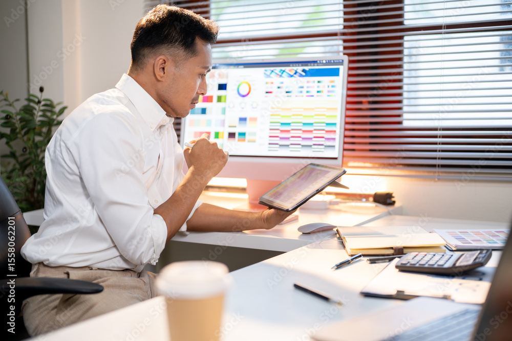 Poster asian man designer holding tablet looking at color chart and sitting with computer on working table.